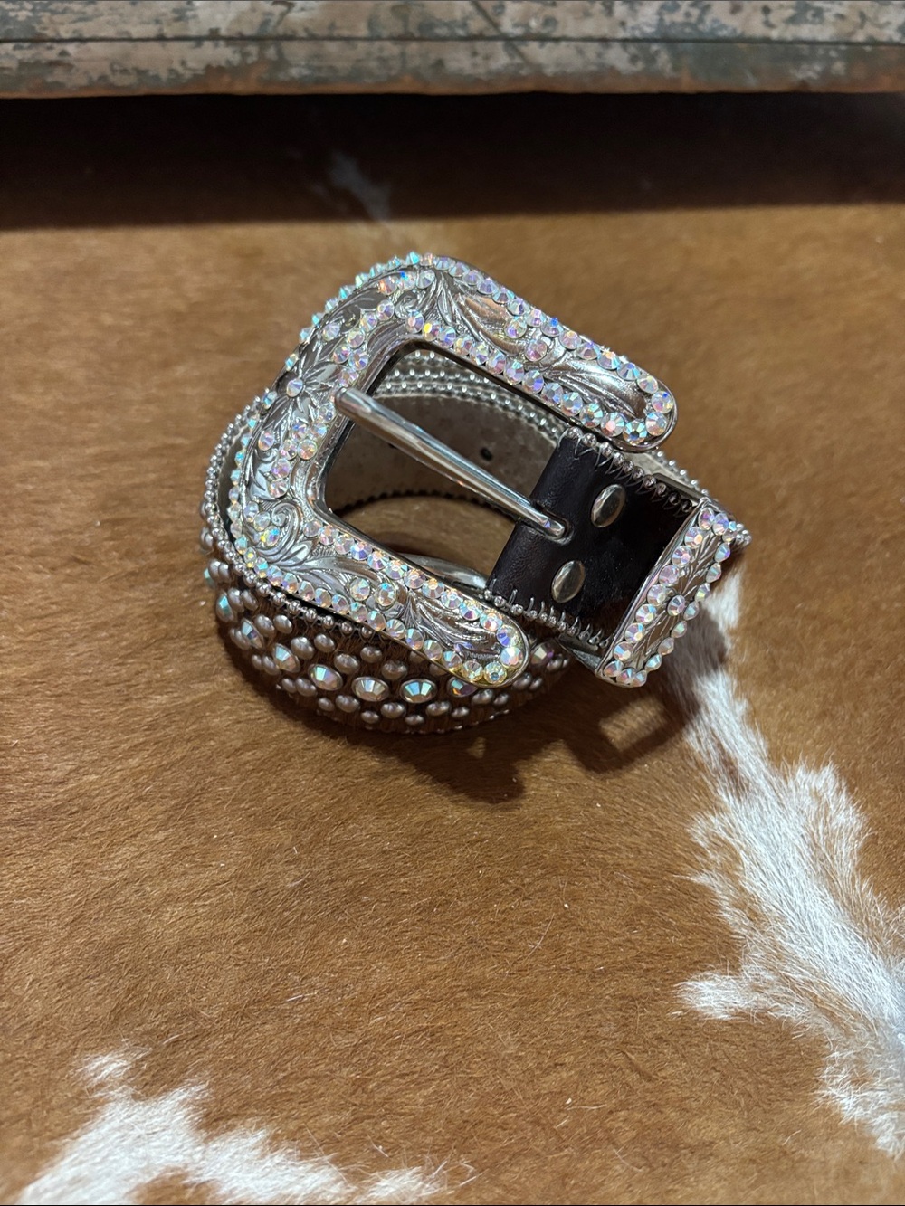 Rhinestone Embellished Western Belt Buckle - Iridescent Crystal